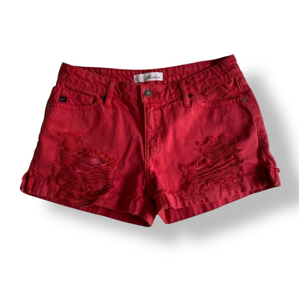 KanCan Lipstick Red Mid Rise Distressed Denim Shorts Womens Size M Streetwear